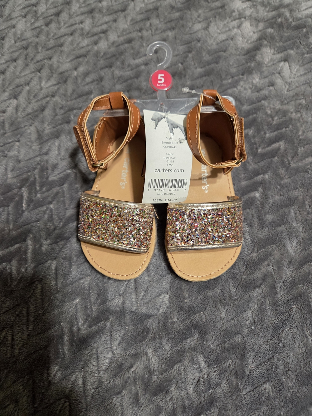 Carter's Tan Sandals with Multi-Color Glitter Straps